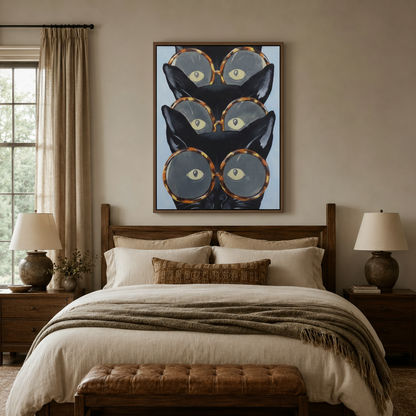 Three stacked black cats with tortoiseshell glasses art print above bed in neutral bedroom