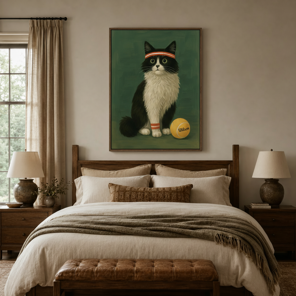 Retro sports cat framed canvas wall art above a linen bed in a cozy neutral bedroom