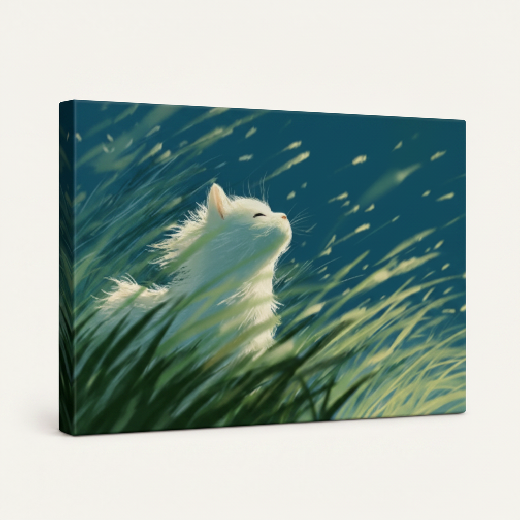 Gallery wrapped white cat Ghibli anime canvas side view showing teal-blue sky tones wrapping edges