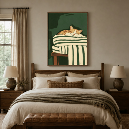 Orange tabby cat minimalist print hanging above bed in cozy neutral bedroom