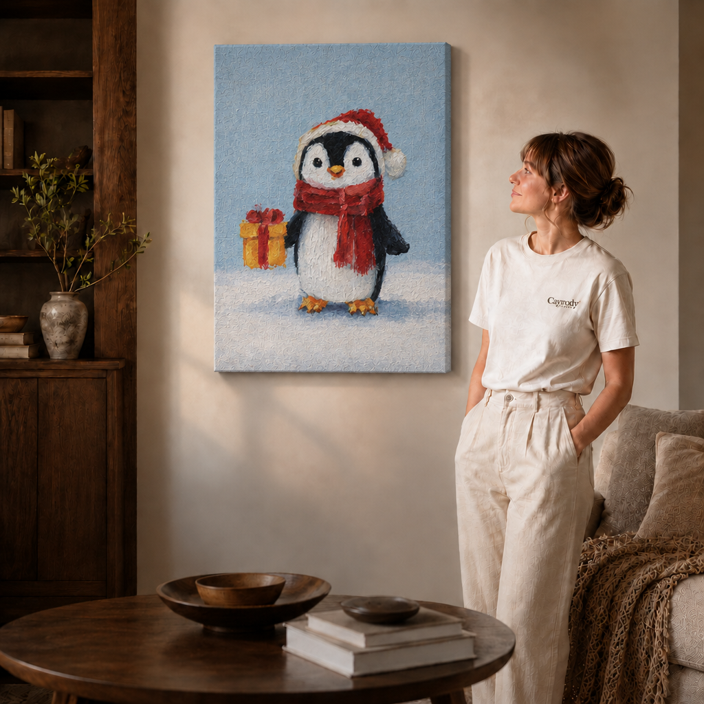 Gallery-wrapped Christmas penguin canvas shows a red-scarfed bird holding a gift against a pale snowy backdrop.