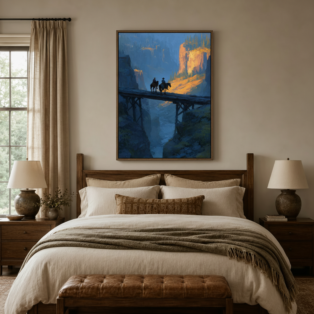 Western canyon canvas wall art above bed in cozy bedroom with warm ambient lighting