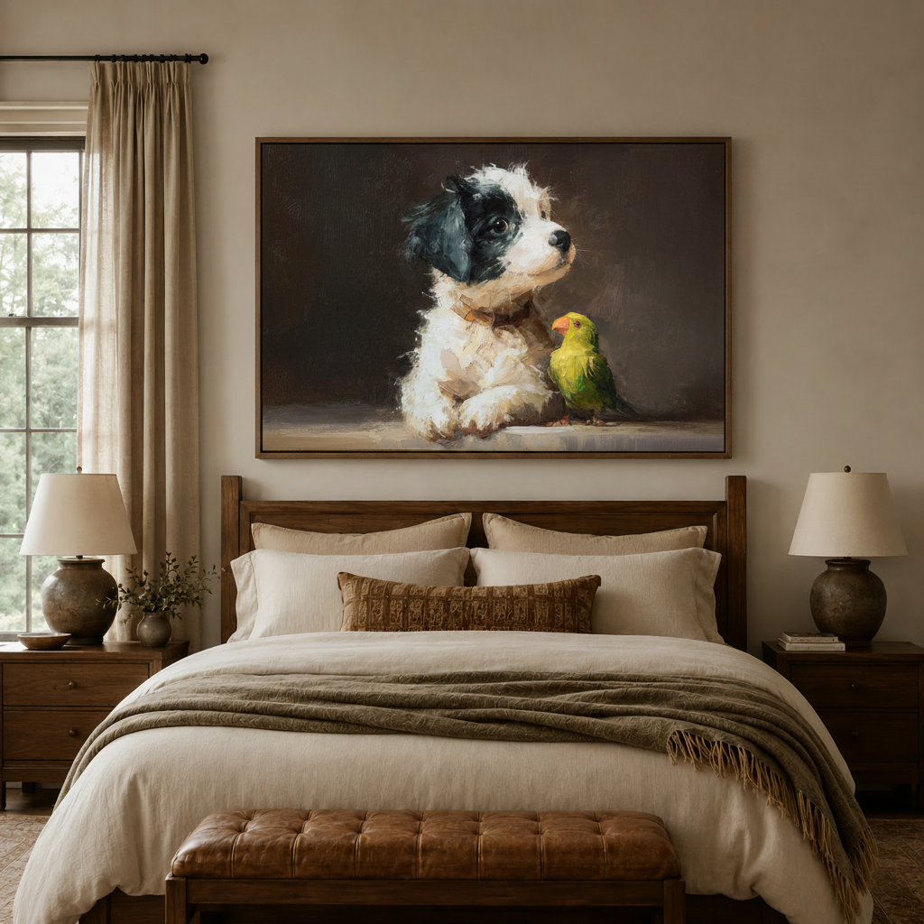 Puppy and parrot impasto canvas hung above a bed in a cozy bedroom with linen bedding and warm ambient lighting