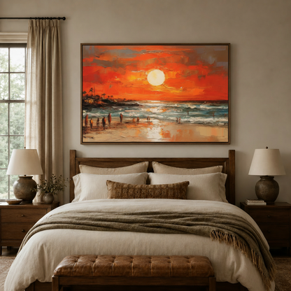 Impasto beach sunset framed canvas art centered above walnut bed headboard in neutral cozy bedroom
