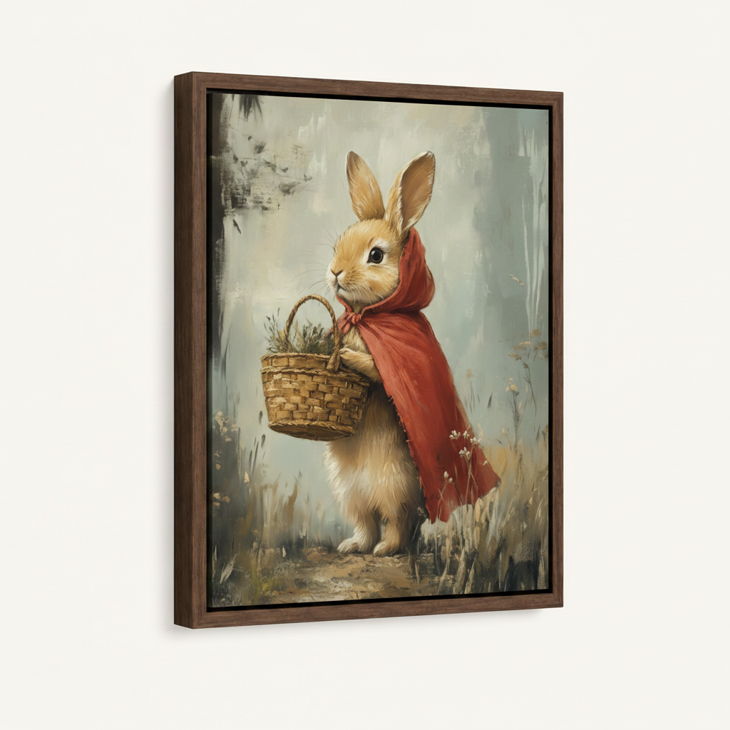 Framed whimsical bunny red cape meadow canvas print in dark walnut float frame on soft off-white background