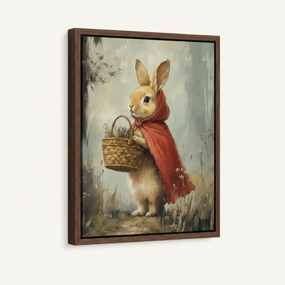Framed whimsical bunny red cape meadow canvas print in dark walnut float frame on soft off-white background