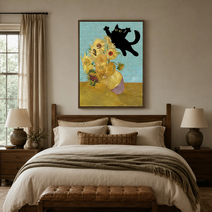 Bold black cat Van Gogh inspired canvas wall art above bed in cozy neutral bedroom