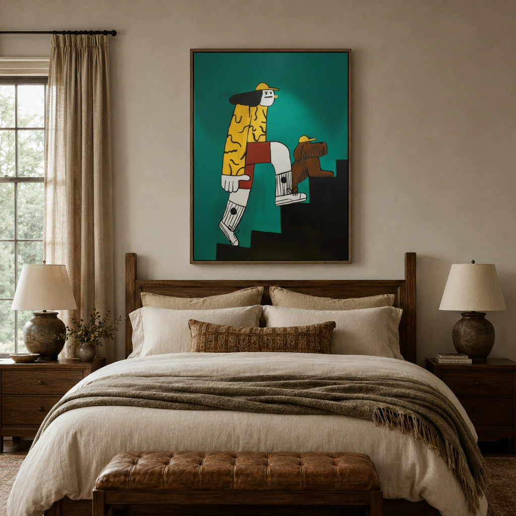 Contemporary graphic wall art with bold teal background and cartoon figure climbing steps, framed canvas above wooden bed in cozy bedroom