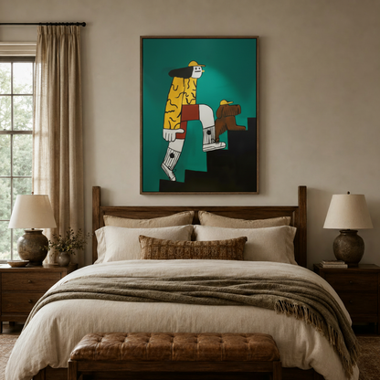 Contemporary graphic wall art with bold teal background and cartoon figure climbing steps, framed canvas above wooden bed in cozy bedroom