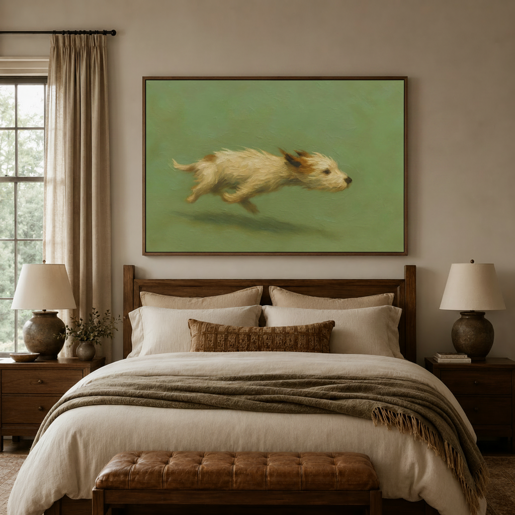 Whimsical terrier dog wall art in float frame above neutral bedroom headboard