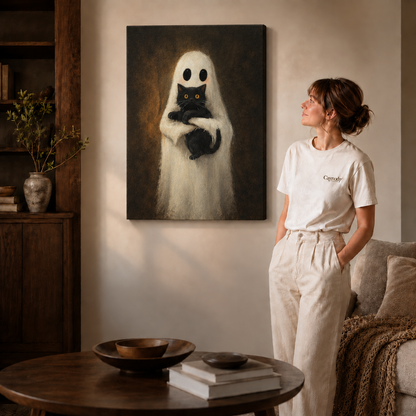 Whimsical ghost holding a black cat canvas displayed in a contemporary living room