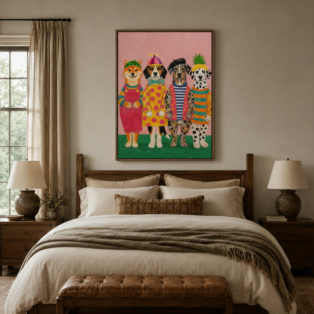 Colorful pop art dogs canvas print above a linen bed in a warm neutral bedroom