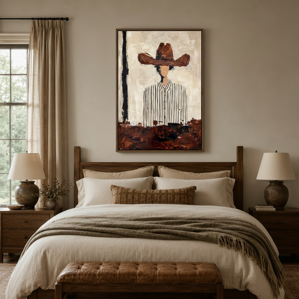 Impasto cowboy wall art above a bed in a cozy neutral-toned bedroom with warm lighting