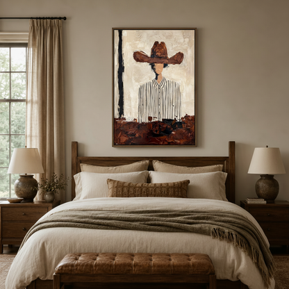 Impasto cowboy wall art above a bed in a cozy neutral-toned bedroom with warm lighting