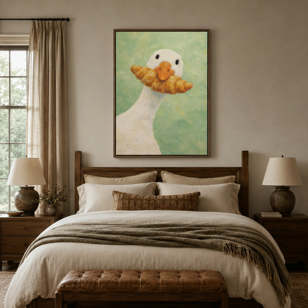Humorous goose with croissant impasto oil painting above bed in warm-toned bedroom
