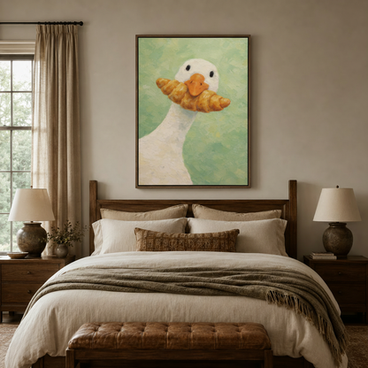 Humorous goose with croissant impasto oil painting above bed in warm-toned bedroom