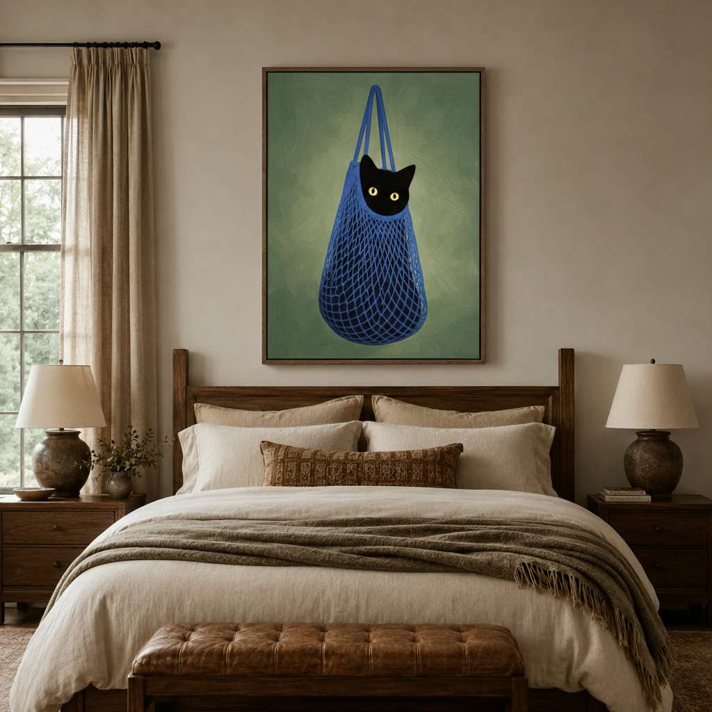 Black cat in blue bag canvas art above wooden bed headboard in cozy neutral bedroom