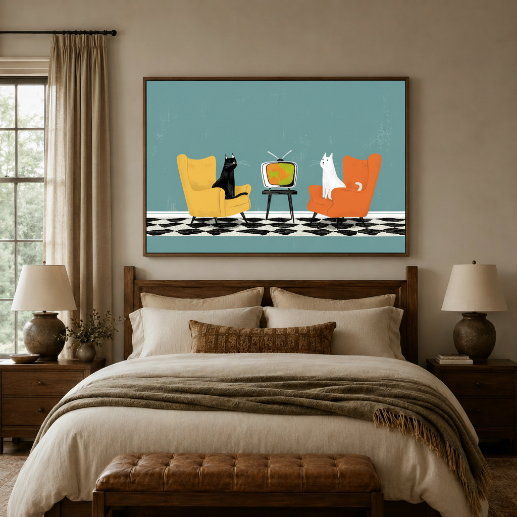 Colorful mid-century canvas art above bed headboard in cozy neutral bedroom