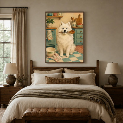 Folk art Samoyed dog canvas print with wooden spoon hanging above linen bed in cozy bedroom