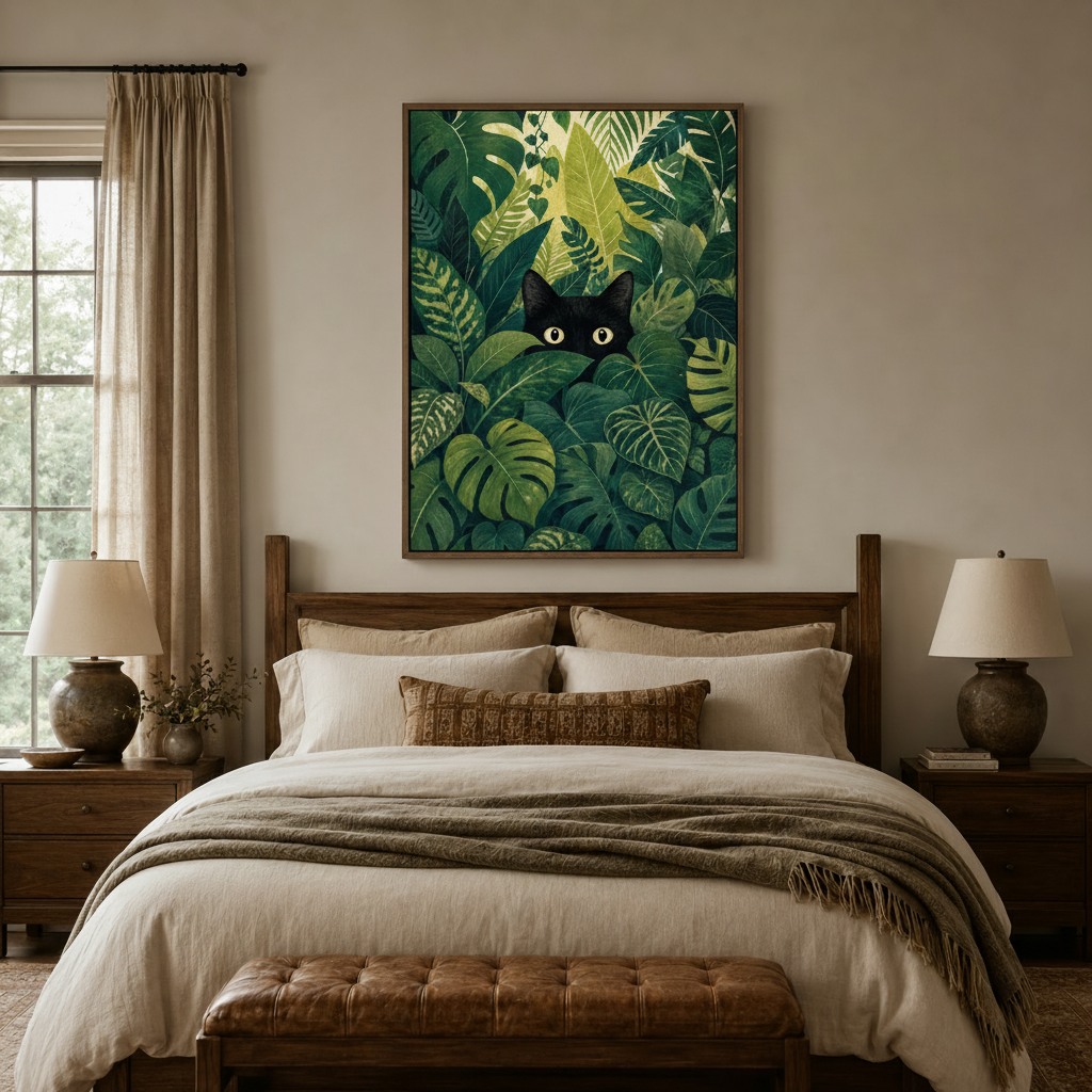 Tropical leaf black cat canvas print above bed headboard in warm neutral bedroom interior