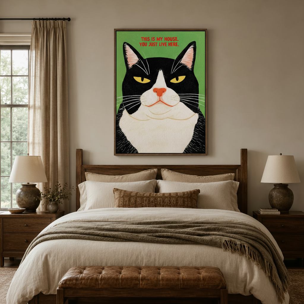 Humorous black and white cat wall art above bed in cozy bedroom with warm neutral decor