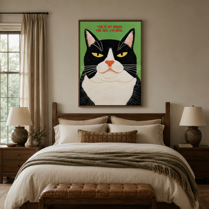 Humorous black and white cat wall art above bed in cozy bedroom with warm neutral decor