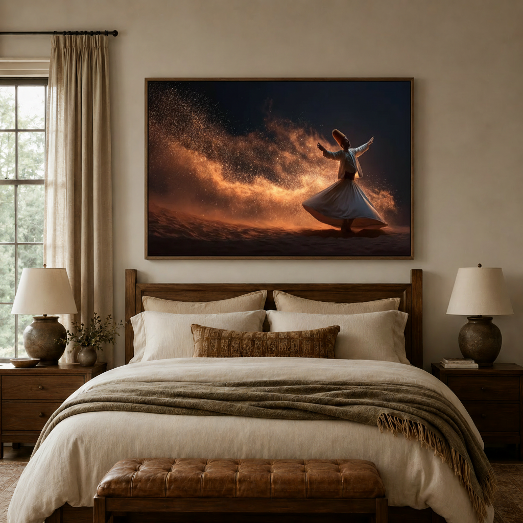 Framed Sufi dervish canvas wall art centered above bed headboard in a warm neutral bedroom setting