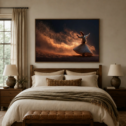 Framed Sufi dervish canvas wall art centered above bed headboard in a warm neutral bedroom setting