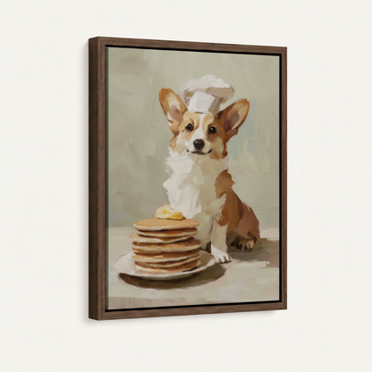 Framed corgi chef pancakes impressionist canvas in dark walnut float frame with black gap on off-white background