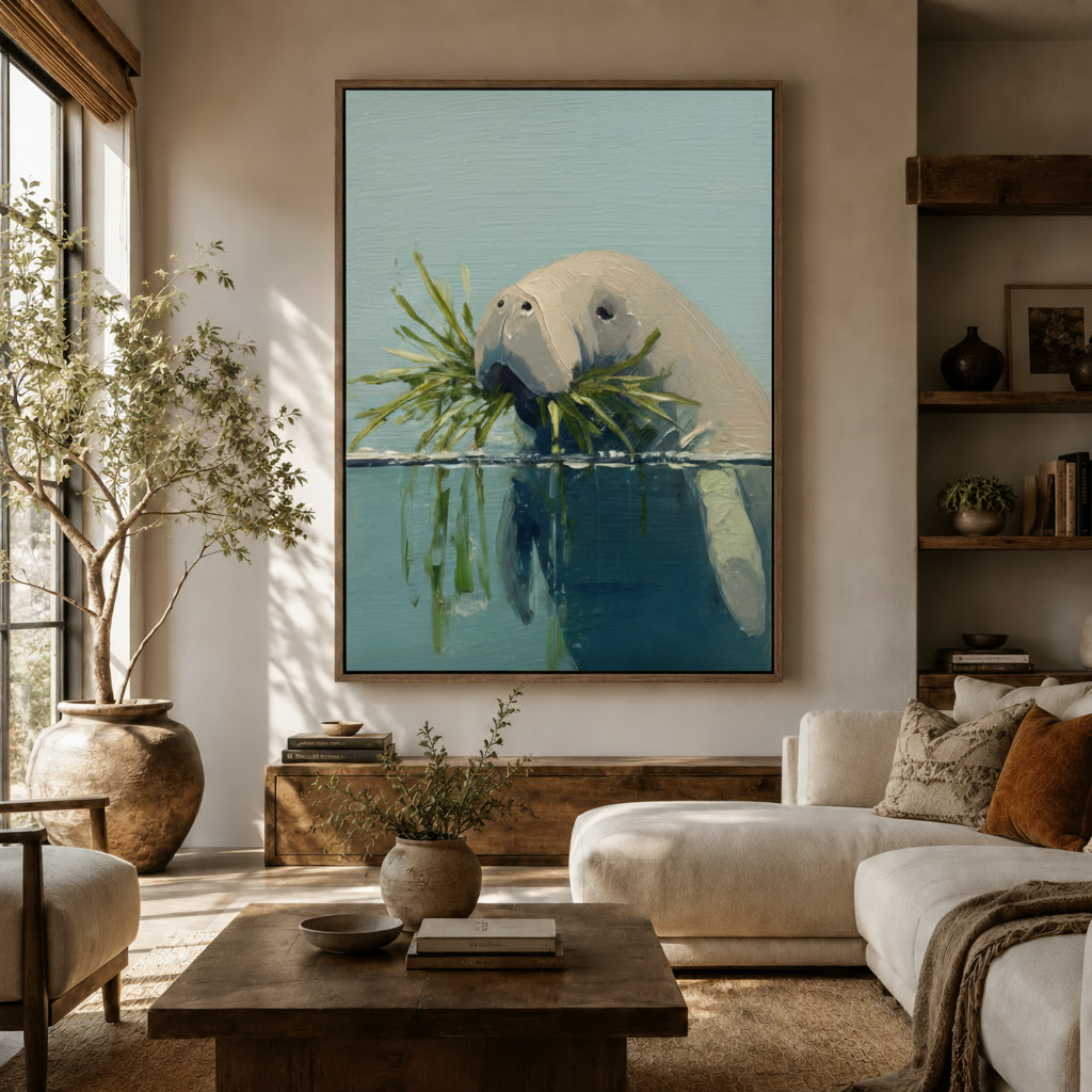 Nature-inspired manatee wall art in floater frame styled in a neutral living room with coastal accents