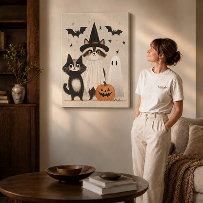 Unframed Halloween cat canvas wall art displayed beside a woman in a cozy neutral interior.