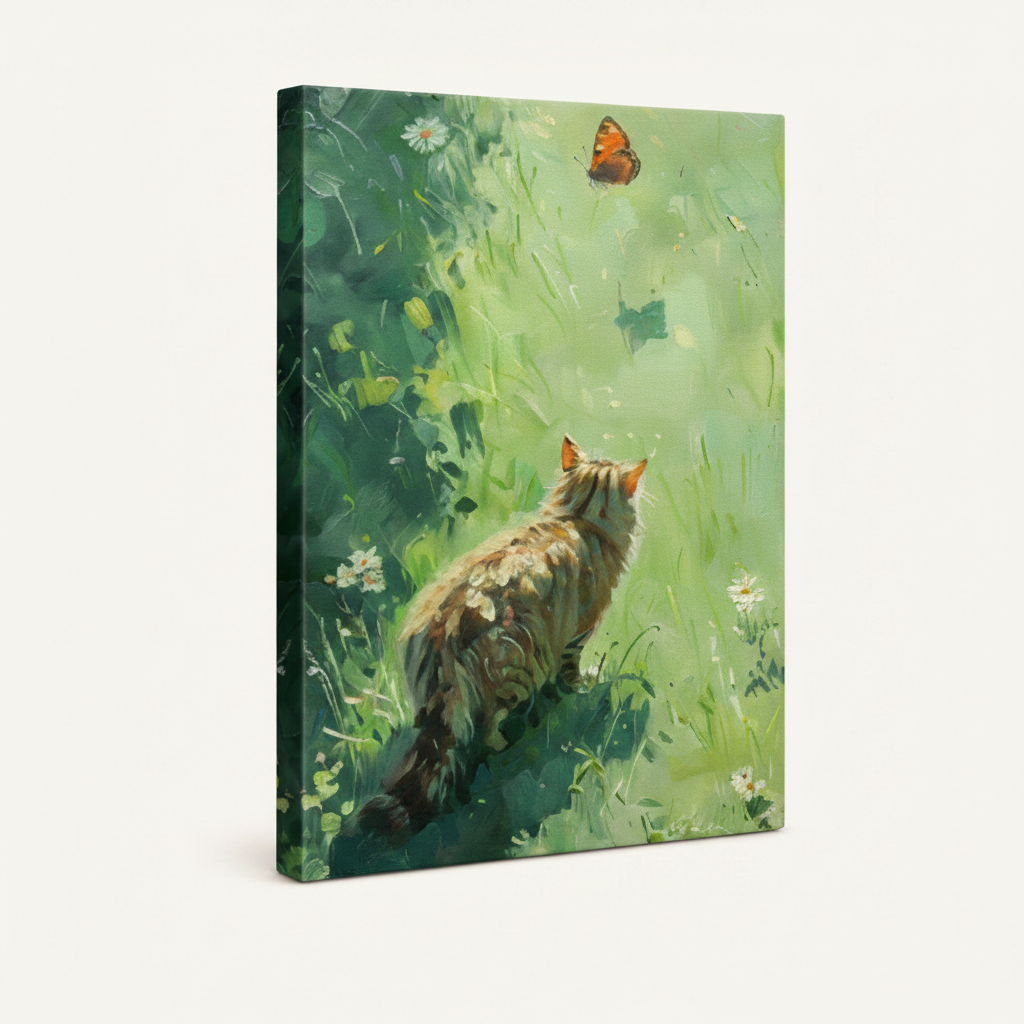 Cat watching butterfly in green meadow gallery wrap canvas side view no frame off-white background