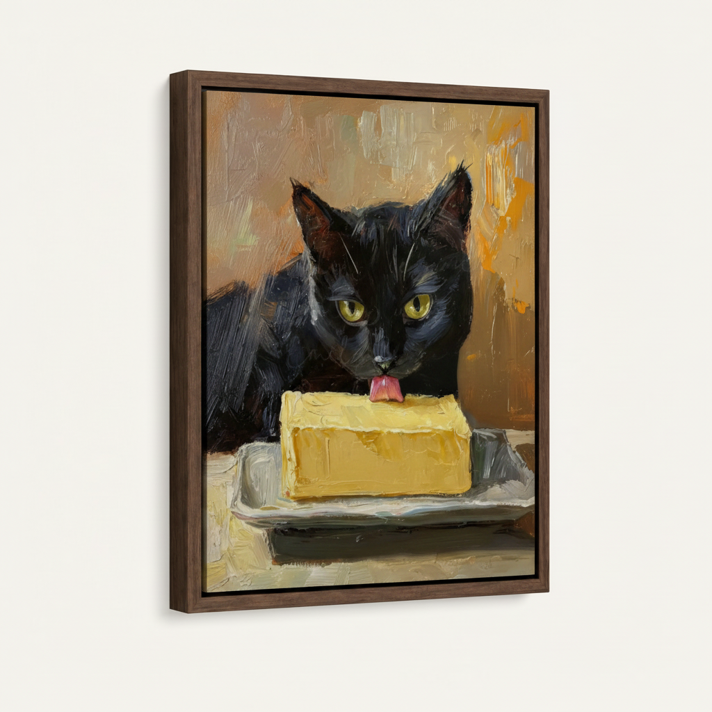 Framed black cat impasto canvas print in dark walnut float frame angled view