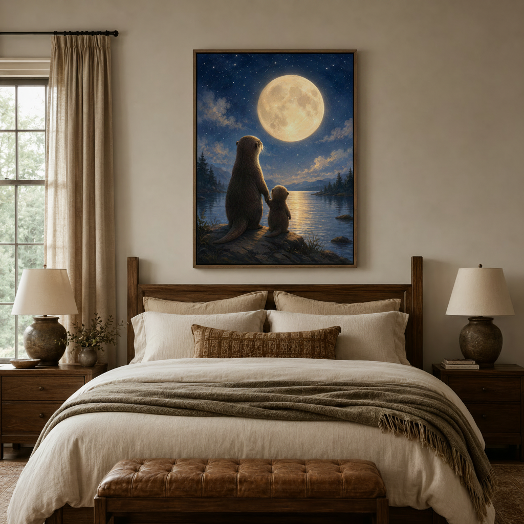 Whimsical otter oil painting print shown in a cozy bedroom above a dark walnut bed frame