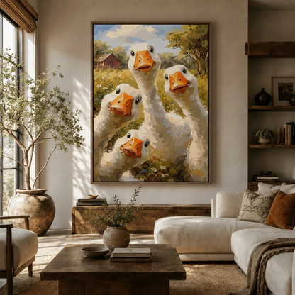 Whimsical geese oil painting hung in boho living room above dark walnut sideboard with dried botanicals