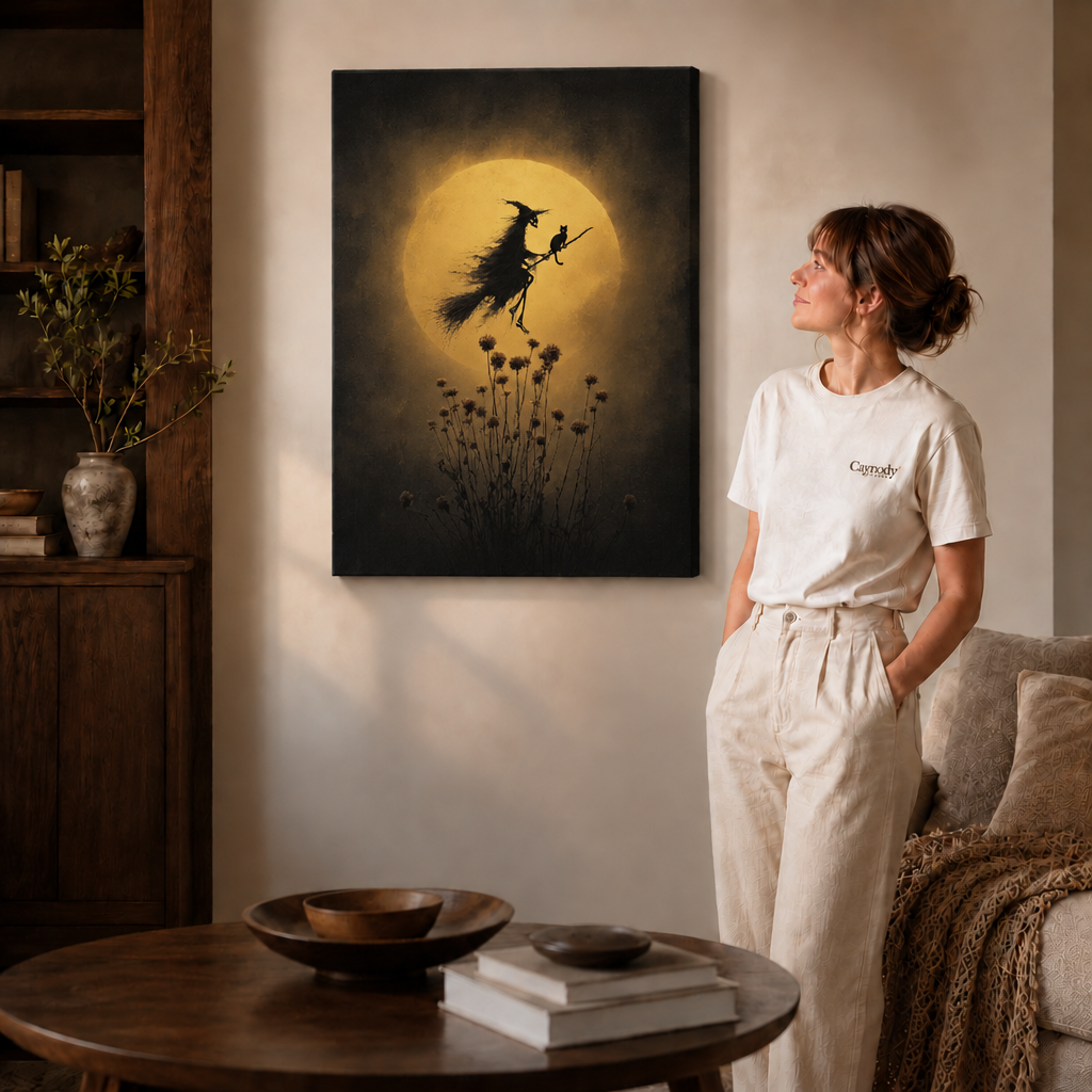 Gallery-wrapped mystical witch wall art with a flying silhouette and golden moon styled beside a woman in white.