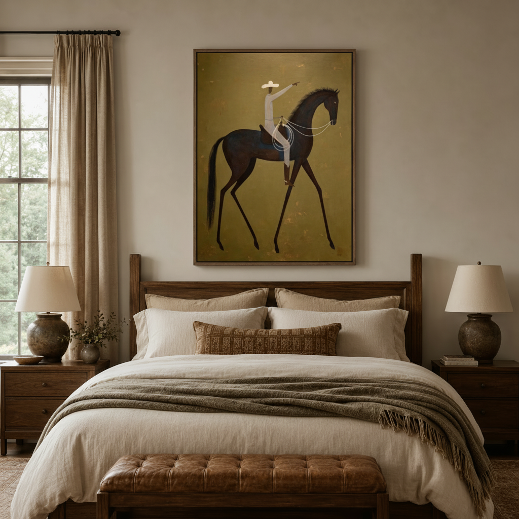 Framed cowboy canvas print above bed in a cozy farmhouse-style bedroom with warm linen bedding