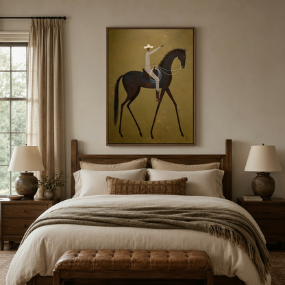 Framed cowboy canvas print above bed in a cozy farmhouse-style bedroom with warm linen bedding