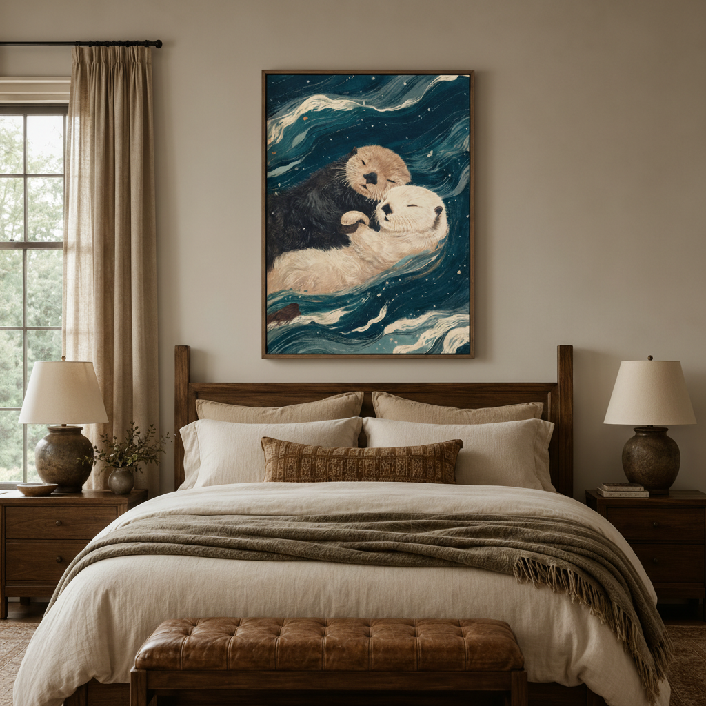 Cuddling otters ukiyo-e wall art in walnut float frame centered above dark wood bed in cozy bedroom interior