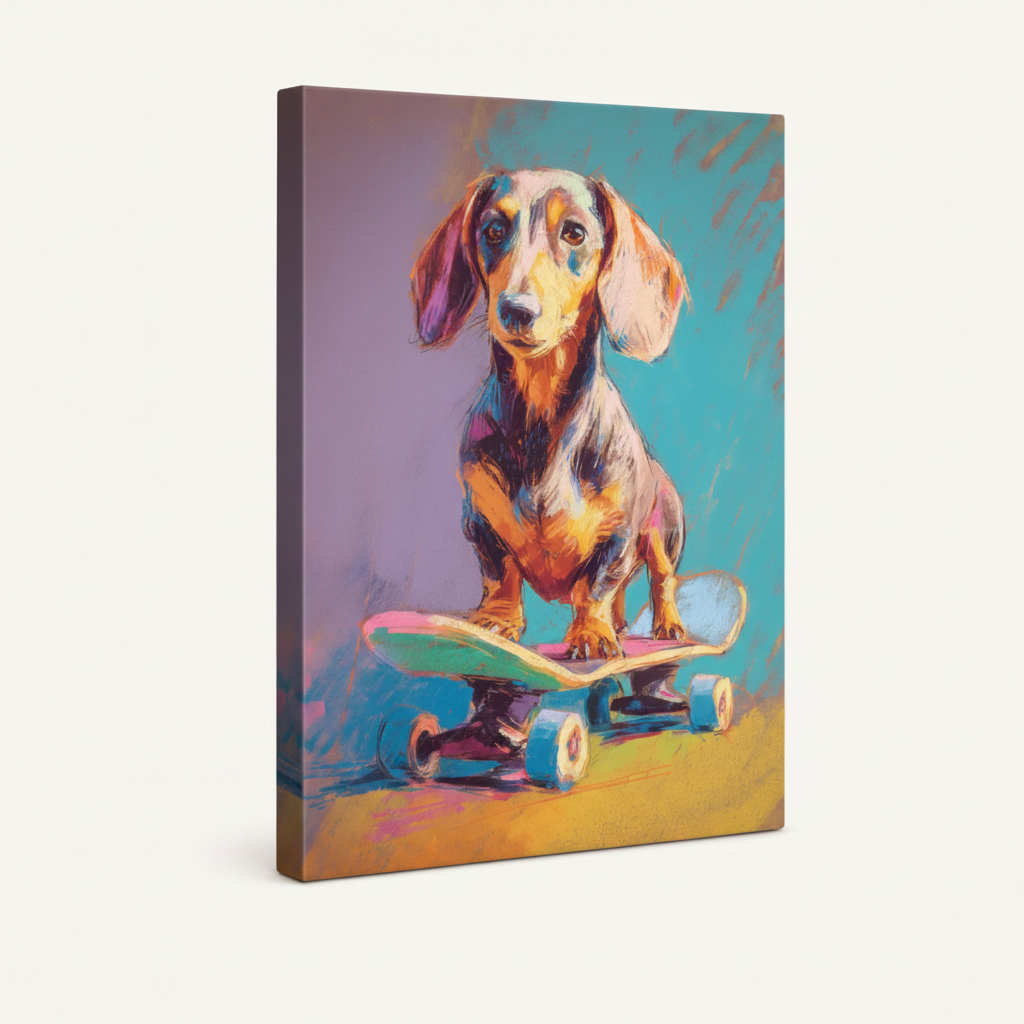 Gallery-wrapped dachshund skateboard canvas with vivid purple teal colors and visible wrap edges