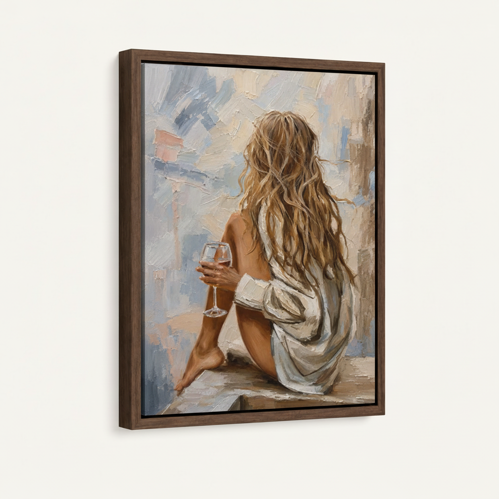 Feminine impasto canvas in dark walnut float frame, 3/4 angle showing frame depth