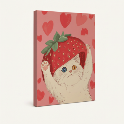 Strawberry cat kawaii gallery wrap canvas 3/4 angle side view showing pink wrapped edges and canvas depth on cream background