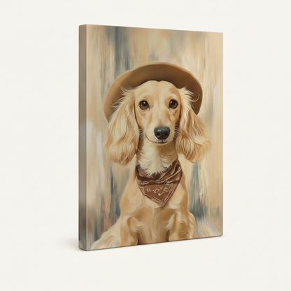 Dachshund in cowboy hat gallery wrap canvas side view no frame showing canvas depth on off-white background