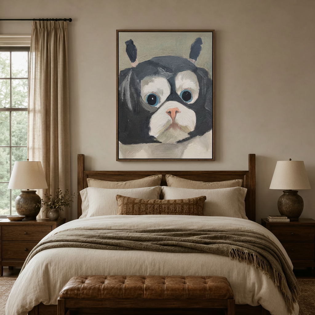Quirky painted dog canvas wall art displayed above a linen bed in a warm bedroom
