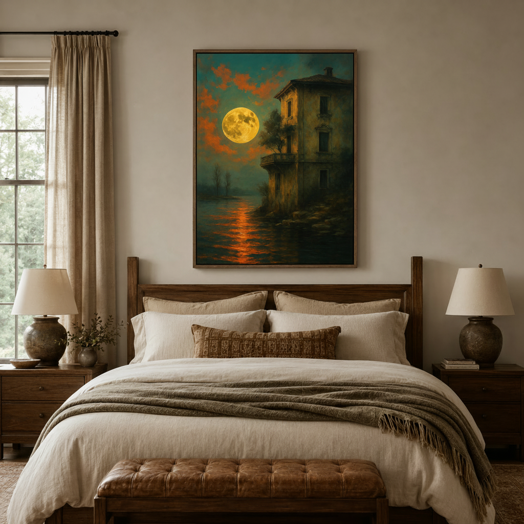 Moody moonlit Venice canvas wall art above bed in earthy bedroom with dark walnut float frame