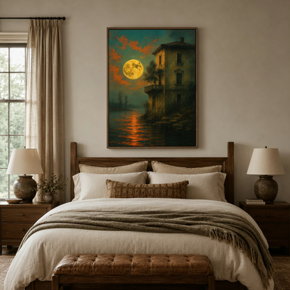 Moody moonlit Venice canvas wall art above bed in earthy bedroom with dark walnut float frame