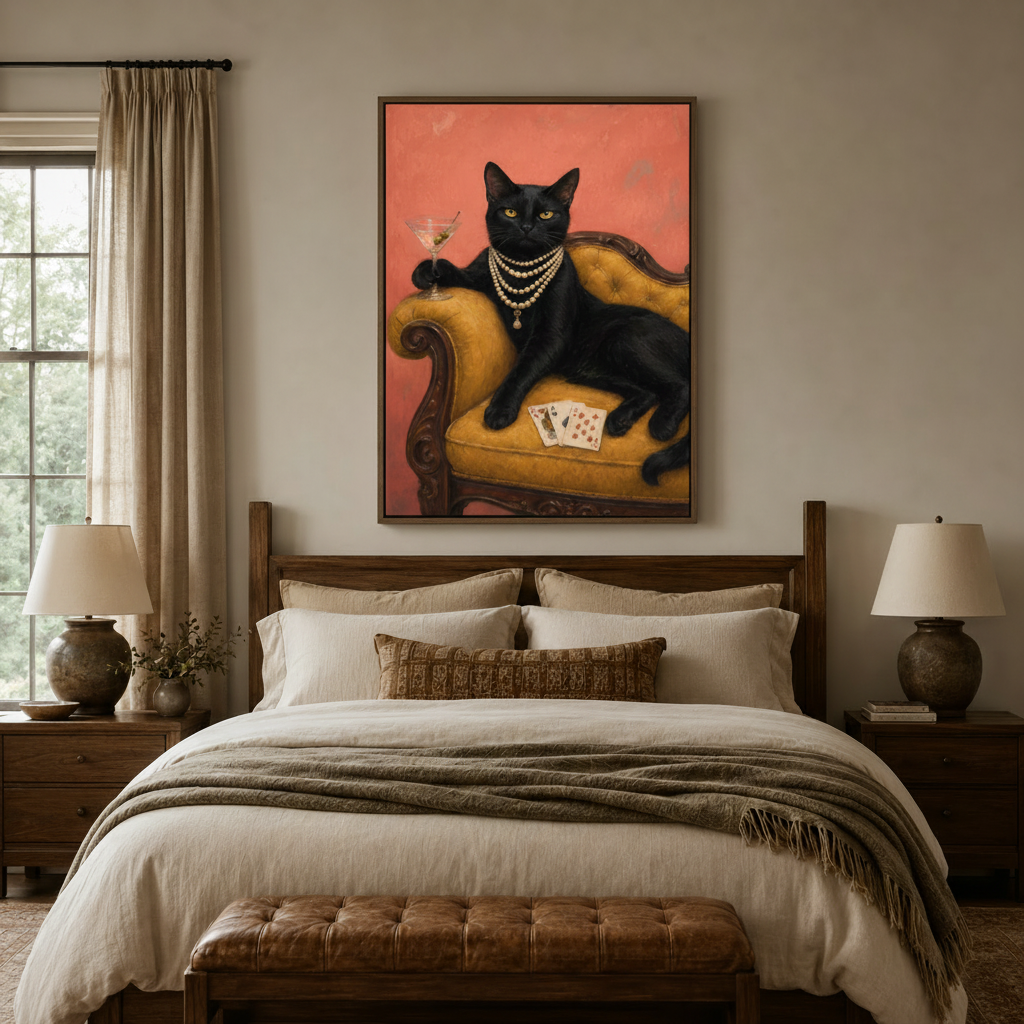 Glamorous black cat wall art centered above bed headboard in warm-toned bedroom