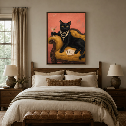 Glamorous black cat wall art centered above bed headboard in warm-toned bedroom