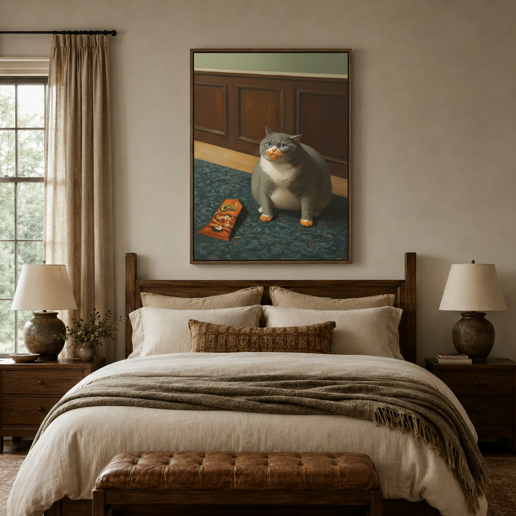 Funny guilty cat oil painting canvas print above a linen bed in a warm neutral bedroom