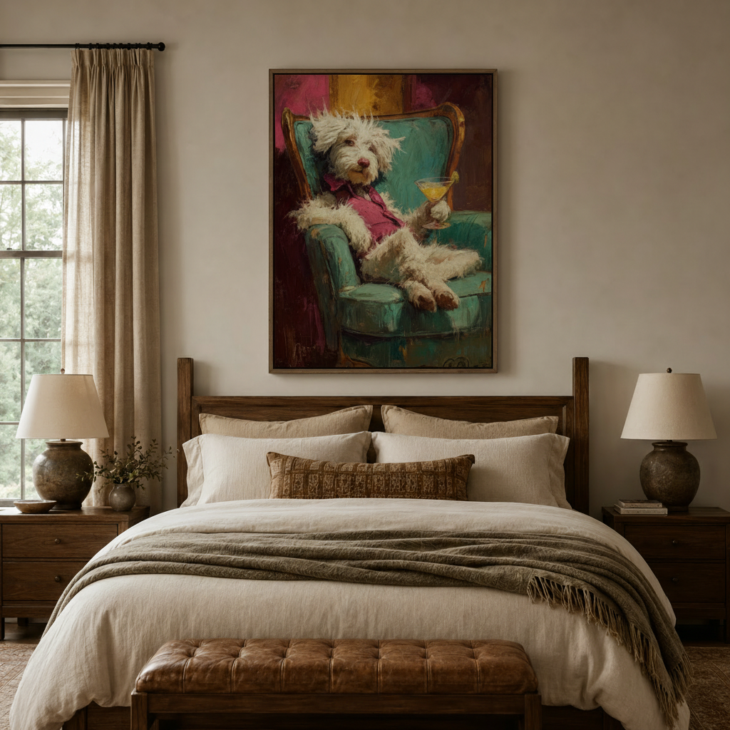 Funny dog holding martini glass framed canvas art above bed in cozy bedroom interior